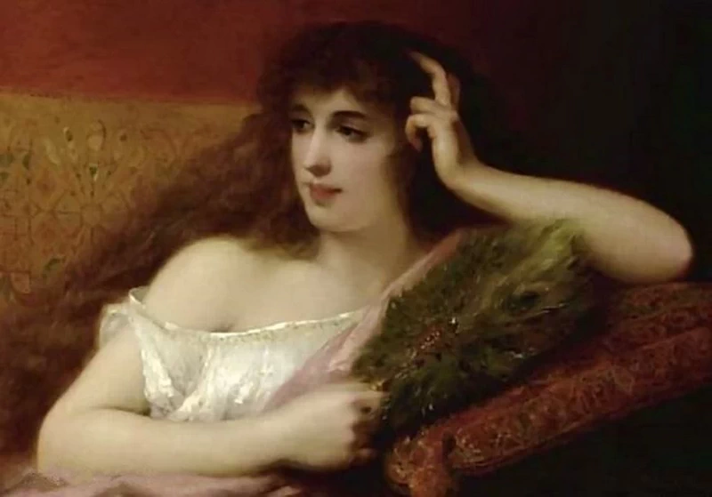 Pierre Olivier Joseph Coomans - Donna con ventaglio di piume